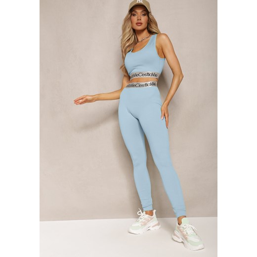 Jasnoniebieskie Sportowe Legginsy Elastyczne z Ozdobną Szeroką Gumą w Pasie Larnode ze sklepu renee.pl w kategorii Spodnie damskie - zdjęcie 179887522
