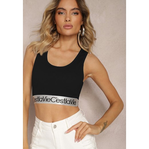 Czarny Top Sportowy Biustonosz Elastyczny Prążkowany z Ozdobną Gumą Waslema ze sklepu renee.pl w kategorii Biustonosze - zdjęcie 179887560