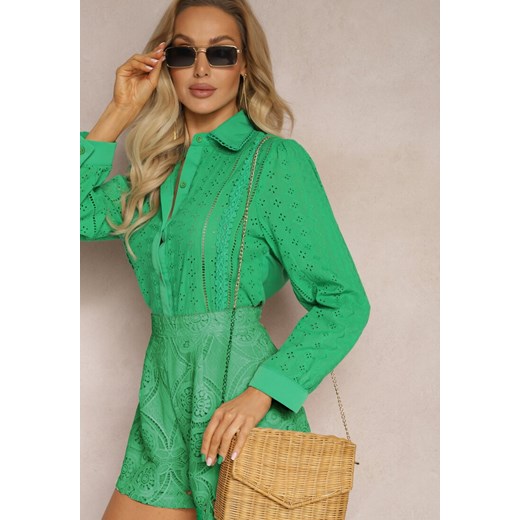 Zielona Koszula z Haftowanej Tkaniny w Stylu Boho Perphone ze sklepu renee.pl w kategorii Koszule damskie - zdjęcie 179887892