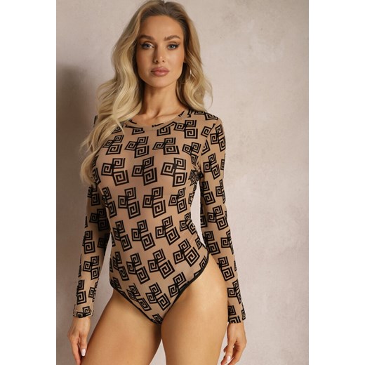 Beżowe Body z Siateczki w Geometryczny Print Loreali ze sklepu renee.pl w kategorii Bluzki damskie - zdjęcie 179887910