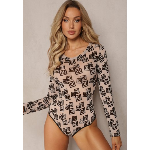 Ciemnobeżowe Body z Siateczki w Geometryczny Print Loreali ze sklepu renee.pl w kategorii Bluzki damskie - zdjęcie 179887913