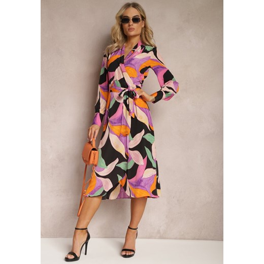 Sukienka Renee midi z paskiem z długimi rękawami rozkloszowana 