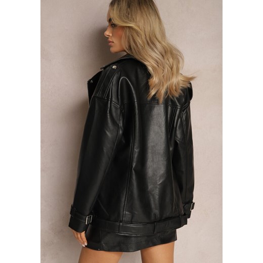 Czarna Oversizowa Kurtka Ramoneska w Motocyklowym Stylu z Ekoskóry Leonidia Renee M promocyjna cena renee.pl