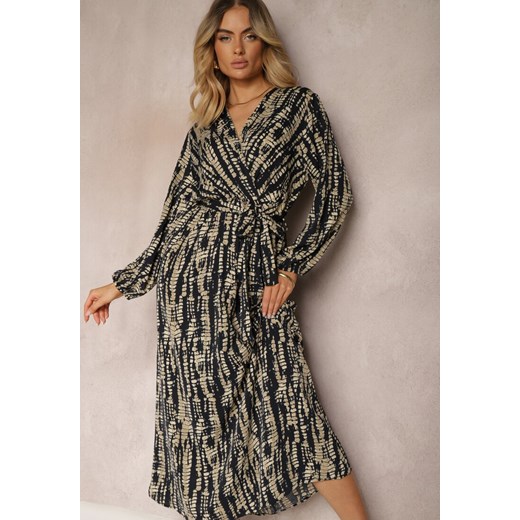 Granatowo-Beżowa Długa Kopertowa Sukienka z Abstrakcyjnym Motywem i Paskiem w Renee 2XL renee.pl okazja
