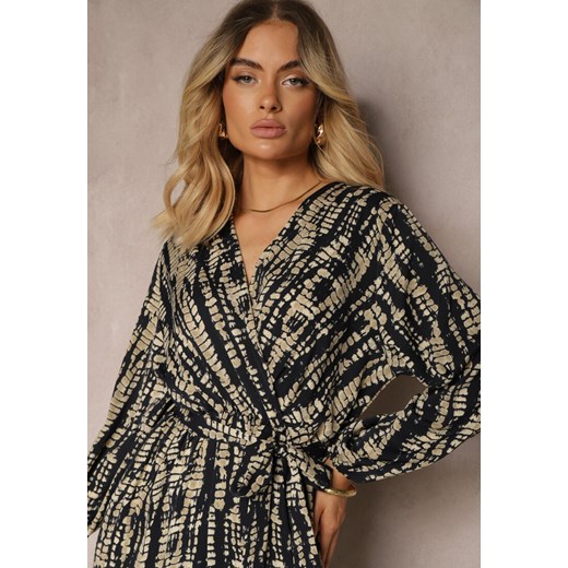 Granatowo-Beżowa Długa Kopertowa Sukienka z Abstrakcyjnym Motywem i Paskiem w Renee XL okazja renee.pl