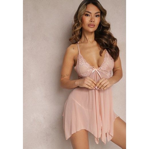 Beżowa Koronkowa Koszula Nocna na Ramiączkach z Kokardką i Stringi Jindra Renee ONE SIZE wyprzedaż renee.pl