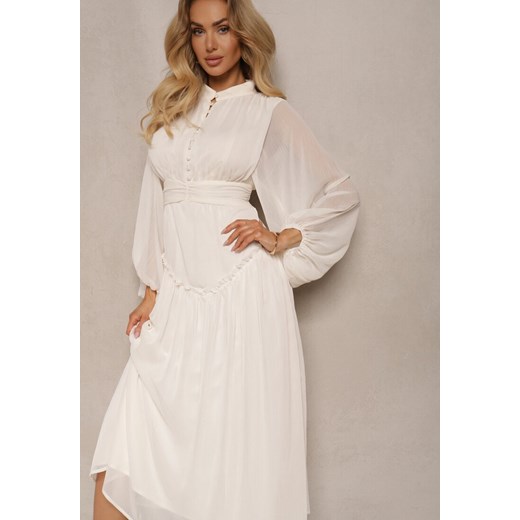 Jasnobeżowa Elegancka Sukienka w Stylu Vintage z Powlekanymi Guzikami i Marszczeniami Lefandia ze sklepu renee.pl w kategorii Sukienki - zdjęcie 179890394