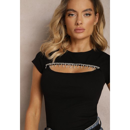 Czarna Bluzka z Bawełny Prążkowana Ozdobiona Cyrkoniami na Wycięciu przy Renee ONE SIZE renee.pl wyprzedaż