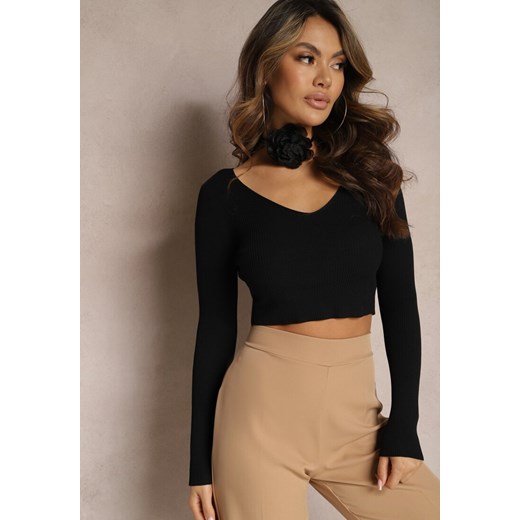 Czarna Prążkowana Bluzka o Krótkim Fasonie Choker z Kwiatem w Komplecie Laindera ze sklepu renee.pl w kategorii Bluzki damskie - zdjęcie 179891473