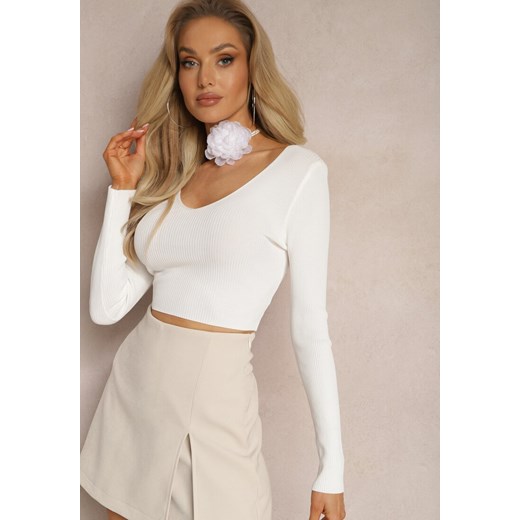 Biała Prążkowana Bluzka o Krótkim Fasonie Choker z Kwiatem w Komplecie Laindera ze sklepu renee.pl w kategorii Bluzki damskie - zdjęcie 179891483