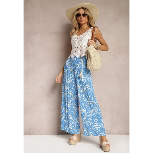 Niebieskie Spodnie Szerokie z Wiskozy High Waist w Kwiatowy Print Tepolla ze sklepu renee.pl w kategorii Spodnie damskie - zdjęcie 179892143