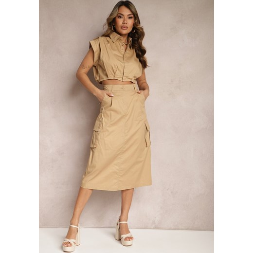 Beżowy Komplet w Stylu Utility Koszula Cropped Bez Rękawów i Spódnica z Kieszeniami Notcha ze sklepu renee.pl w kategorii Komplety i garnitury damskie - zdjęcie 179892930