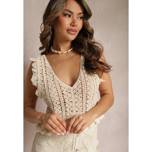 Beżowa Bawełniana Kamizelka Top Boho z Ażurowymi Wycięciami Norafia Renee ONE SIZE okazyjna cena renee.pl