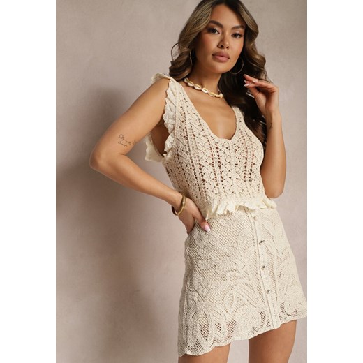 Beżowa Bawełniana Kamizelka Top Boho z Ażurowymi Wycięciami Norafia Renee ONE SIZE renee.pl wyprzedaż