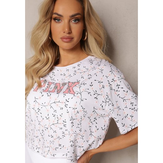 Biały Oversize T-shirt Krótki z Bawełny Ozdobiony Napisem i Printem Dawene Renee S wyprzedaż renee.pl
