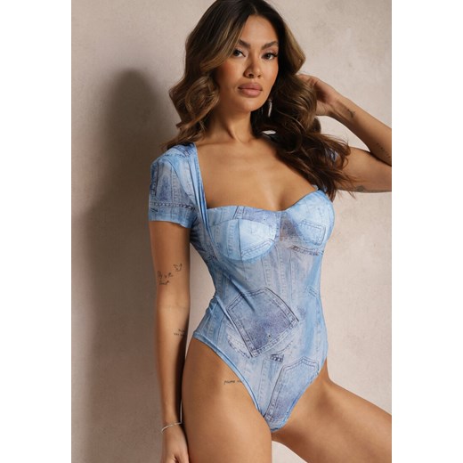 Niebieskie Stylowe Body z Kwadratowym Dekoltem i Krótkim Rękawem z Jeansowym Printem Kaidlara ze sklepu renee.pl w kategorii Bluzki damskie - zdjęcie 179894600