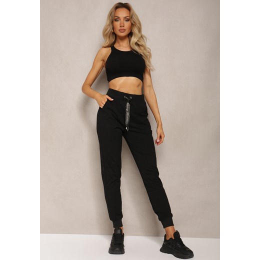 Czarne Dresowe Spodnie High Waist z Błyszczącym Sznurkiem w Pasie Darciasa ze sklepu renee.pl w kategorii Spodnie damskie - zdjęcie 179894864