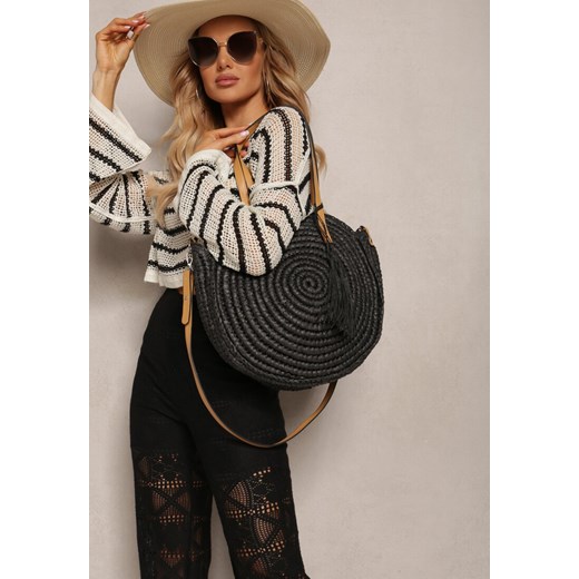 Czarna Pleciona Okrągła Torebka Shopperka z Długimi Rączkami i Paskiem Acelema ze sklepu renee.pl w kategorii Torby Shopper bag - zdjęcie 179895964
