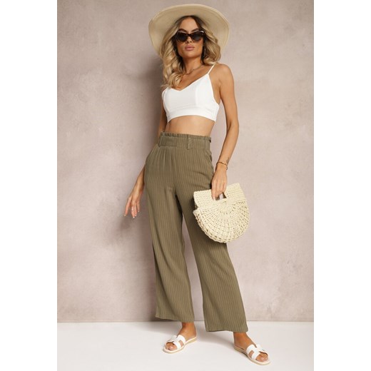 Ciemnozielone Spodnie Regular w Prążki High Waist Sallamia ze sklepu renee.pl w kategorii Spodnie damskie - zdjęcie 179896394