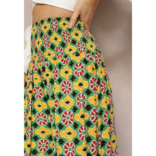 Żółto-Zielone Szerokie Spodnie Culottes z Bawełnianej Tkaniny w Mozaikowy Wzór Renee M promocja renee.pl