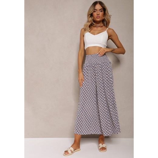 Granatowo-Białe Spodnie High Waist z Bawełny z Rozszerzanymi Nogawkami i Gumką Nereialla ze sklepu renee.pl w kategorii Spodnie damskie - zdjęcie 179896702