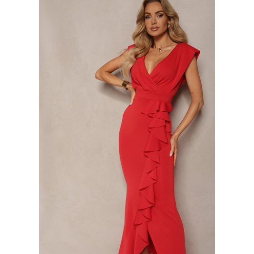 Czerwona Elegancka Sukienka Długa o Asymetrycznym Fasonie z Dekoltem w V i Renee M okazyjna cena renee.pl