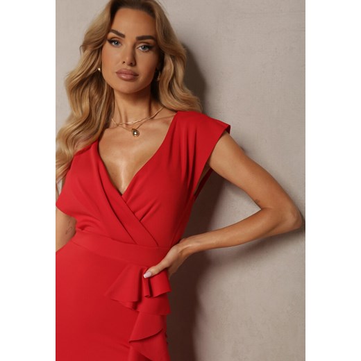 Czerwona Elegancka Sukienka Długa o Asymetrycznym Fasonie z Dekoltem w V i Renee S okazja renee.pl