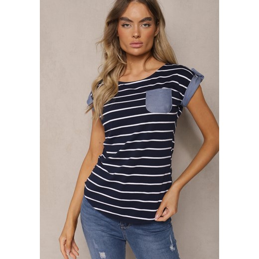 Czarny T-shirt z Bawełny z Ozdobną Kieszonką i Rękawkami w Paski Anacetsa ze sklepu renee.pl w kategorii Bluzki damskie - zdjęcie 179898341