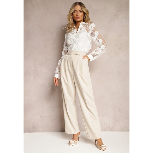 Beżowe Spodnie High Waist w Garniturowym Stylu z Kieszeniami Junife ze sklepu renee.pl w kategorii Spodnie damskie - zdjęcie 179898581