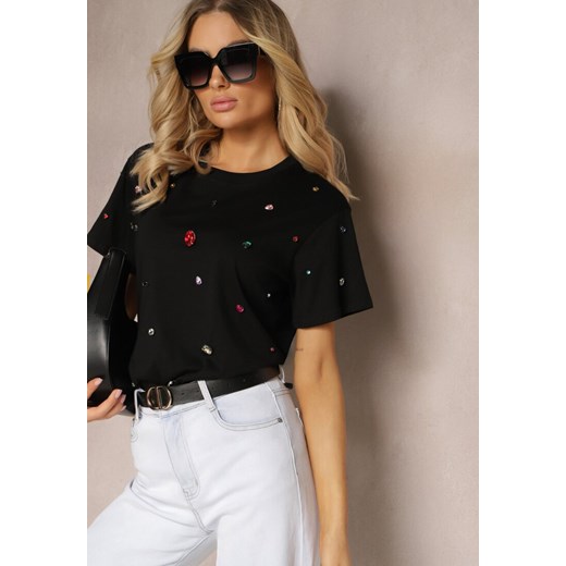 Czarny T-shirt z Cyrkoniami w Różnych Kolorach Varcia ze sklepu renee.pl w kategorii Bluzki damskie - zdjęcie 179899360