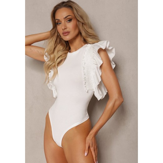 Białe Eleganckie Body z Bawełny z Zapięciem na Napy Wykończone Falbankami Iilines ze sklepu renee.pl w kategorii Bluzki damskie - zdjęcie 179899371
