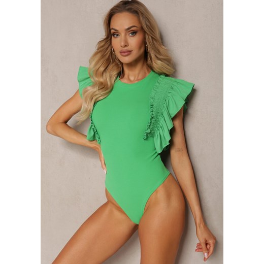 Zielone Eleganckie Body z Bawełny z Zapięciem na Napy Wykończone Falbankami Iilines ze sklepu renee.pl w kategorii Bluzki damskie - zdjęcie 179899384