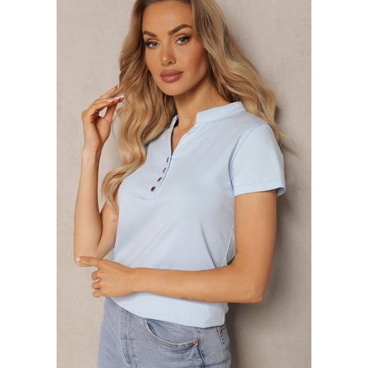 Jasnoniebieski Bawełniany T-shirt z Guzikami przy Dekolcie  Wialina ze sklepu renee.pl w kategorii Bluzki damskie - zdjęcie 179899652