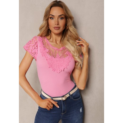 Różowy T-shirt Ozdobiony Koronkowymi Wstawkami Brines Renee S okazja renee.pl