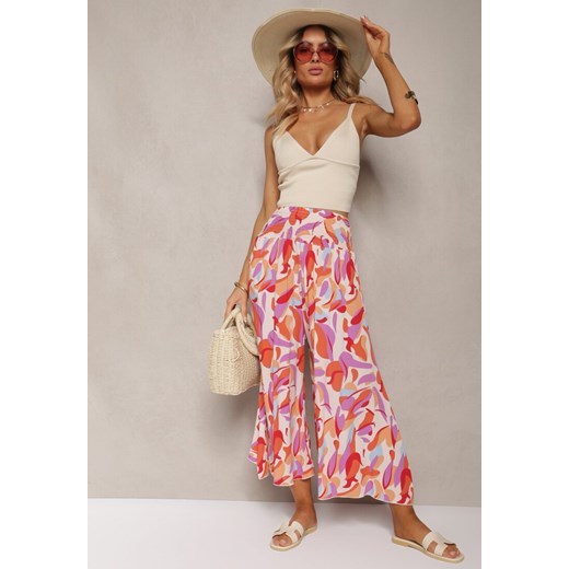 Beżowo-Różowe Spodnie Kuloty z Wiskozy High Waist z Gumką w Pasie Alaqinta Renee L wyprzedaż renee.pl