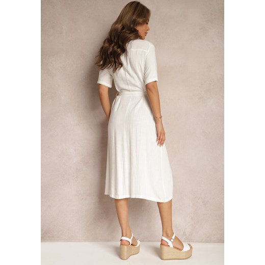 Biała Wiskozowa Sukienka z Lnem i Guzikami oraz Krótkim Rękawem Ozdobiona Renee L wyprzedaż renee.pl