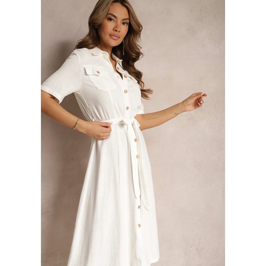 Biała Wiskozowa Sukienka z Lnem i Guzikami oraz Krótkim Rękawem Ozdobiona Renee S renee.pl wyprzedaż