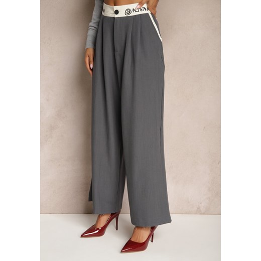 Szare Spodnie Palazzo High Waist z Szerokimi Nogawkami z Zapięciem na Guziki i Renee L wyprzedaż renee.pl