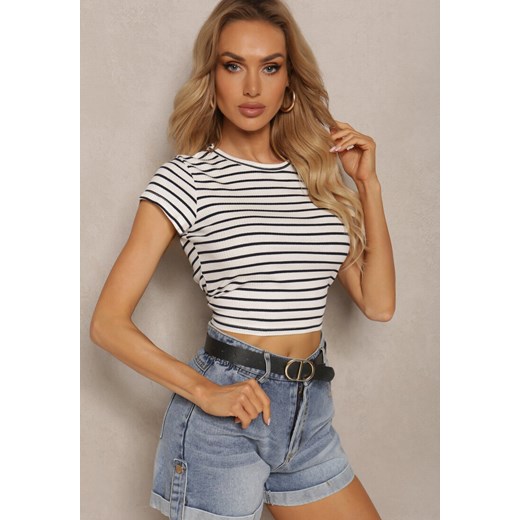 Biały Prążkowany T-shirt z Bawełny o Krótkim Kroju Zolira ze sklepu renee.pl w kategorii Bluzki damskie - zdjęcie 179902452