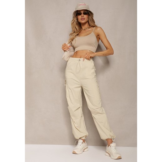 Jasnobeżowe Szerokie Spodnie High Waist w Stylu Bojówek Wykończone Gumką w Talii Ellcara ze sklepu renee.pl w kategorii Spodnie damskie - zdjęcie 179902700