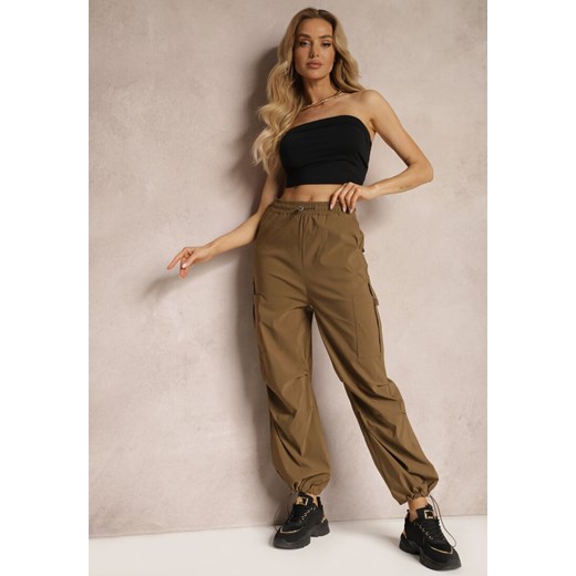 Brązowe Szerokie Spodnie High Waist w Stylu Bojówek Wykończone Gumką w Talii Ellcara ze sklepu renee.pl w kategorii Spodnie damskie - zdjęcie 179902710