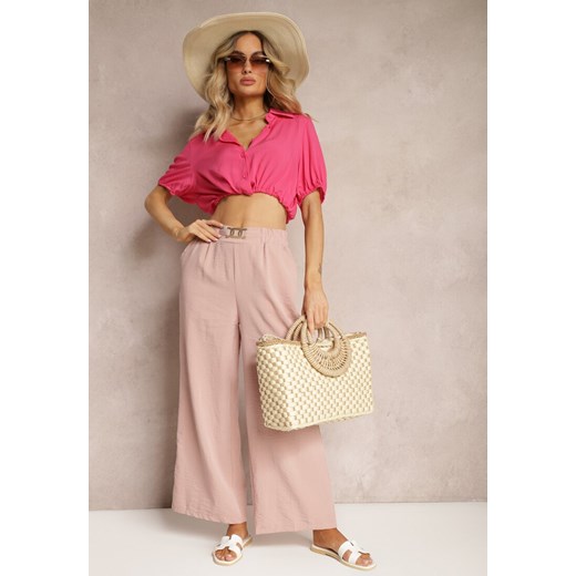 Jasnoróżowe Spodnie z Szerokimi Nogawkami w Stylu Palazzo High Waist z Gumką w Pasie z Ozdobnym Elementem Ellsiana ze sklepu renee.pl w kategorii Spodnie damskie - zdjęcie 179902880