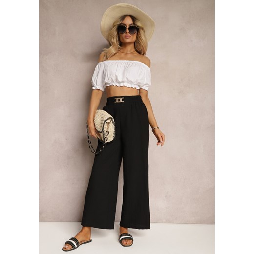 Czarne Spodnie z Szerokimi Nogawkami w Stylu Palazzo High Waist z Gumką w Pasie z Ozdobnym Elementem Ellsiana ze sklepu renee.pl w kategorii Spodnie damskie - zdjęcie 179902890
