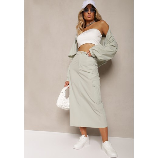 Miętowy Casualowy Komplet 2-Częściowy Rozpinana Bluza i Spódnica z Kieszeniami na Klapy Lennira ze sklepu renee.pl w kategorii Komplety i garnitury damskie - zdjęcie 179902923