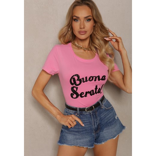 Różowy Casualowy T-shirt z Bawełny Wykończony Cyrkoniowym Napisem Lavisha ze sklepu renee.pl w kategorii Bluzki damskie - zdjęcie 179903083