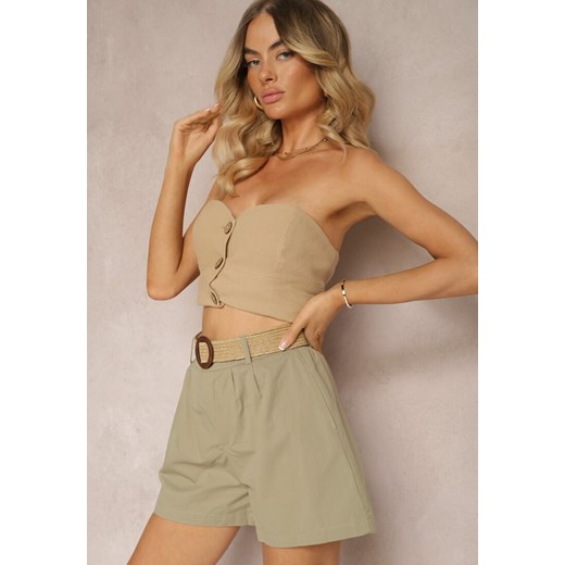 Zielone Szorty z Bawełny High Waist o Kroju Bermudów Zapinane na Zamek Błyskawiczny i Guzik z Plecionym Paskiem z Klamrą Iannestra ze sklepu renee.pl w kategorii Szorty - zdjęcie 179903183