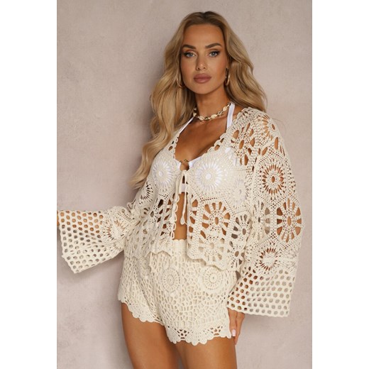 Beżowy Bawełniany Wiązany Kardigan Narzutka z Ażurowym Motywem Lunalea Renee ONE SIZE promocja renee.pl