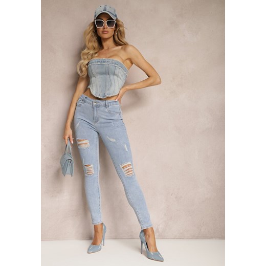 Jasnoniebieskie Casualowe Jeansy Skinny High Waist Ozdobione Przetarciami na Nogawkach Cannesi ze sklepu renee.pl w kategorii Jeansy damskie - zdjęcie 179903382
