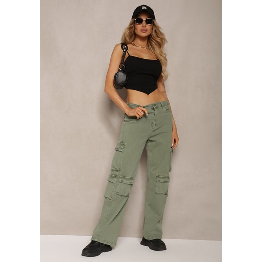 Zielone Spodnie Typu Bojówki z Bawełny High Waist z Kieszeniami Zefara ze sklepu renee.pl w kategorii Spodnie damskie - zdjęcie 179903412
