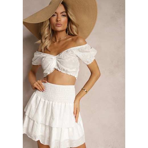 Biały Komplet z Bawełny z Ażurowym Motywem Spódnica z Falbanami oraz Gumką w Talii High Waist i Krótka Bluzka Ozdobiona Ściągaczem Aricella ze sklepu renee.pl w kategorii Komplety i garnitury damskie - zdjęcie 179903623